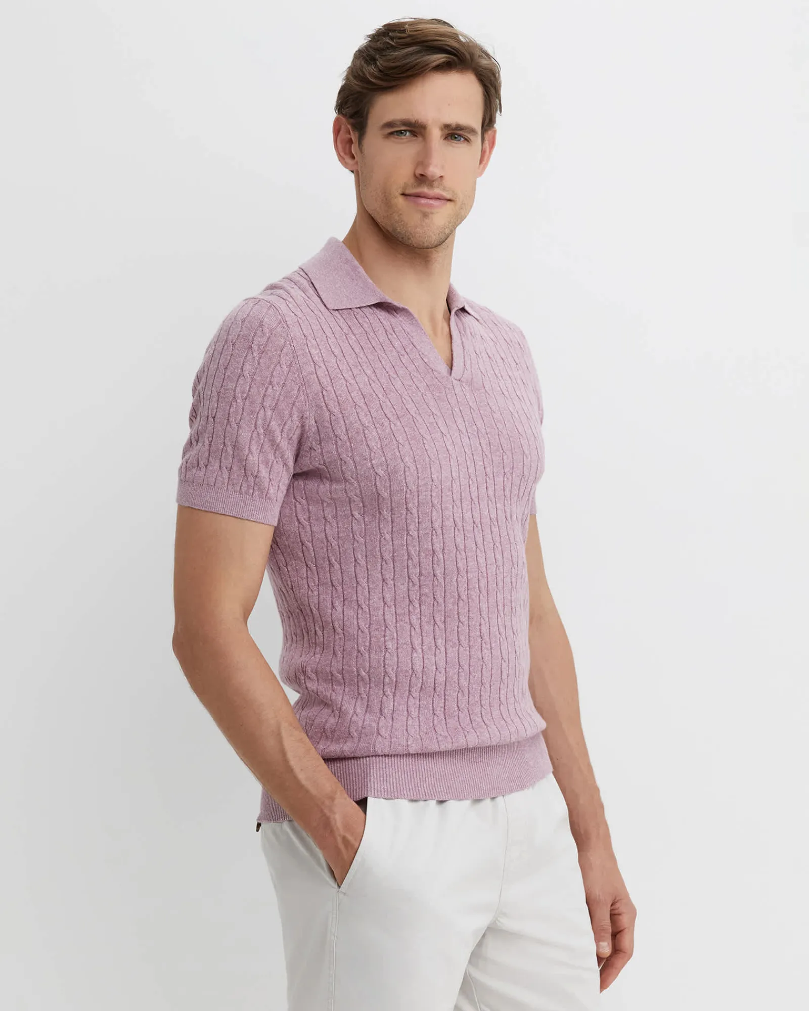 Clearance Sportscraft Murrinar Cable Knit Polo in Pink Melange PinkMelange