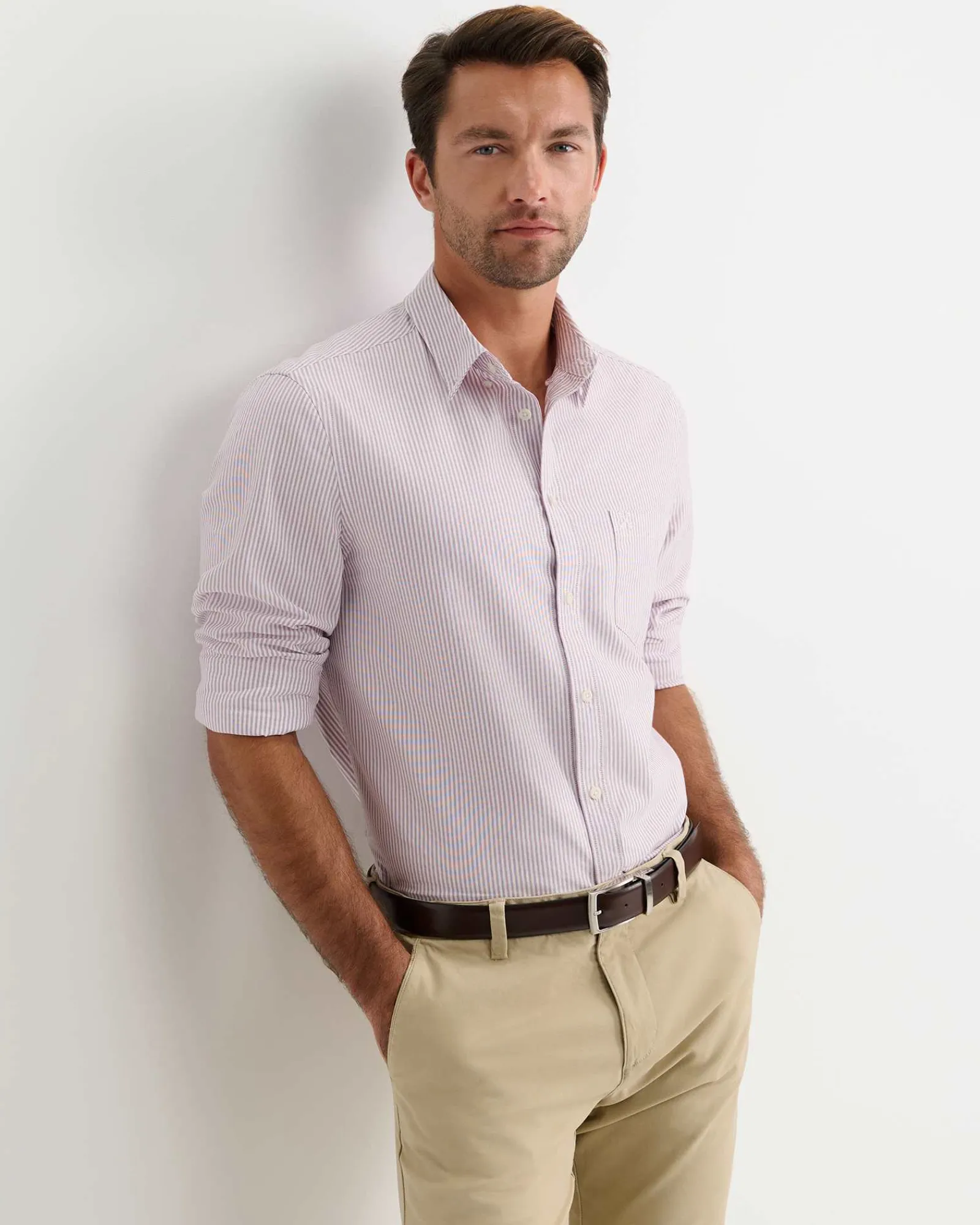 New Sportscraft Oxford Stripe Long Sleeve Shirt in Fig