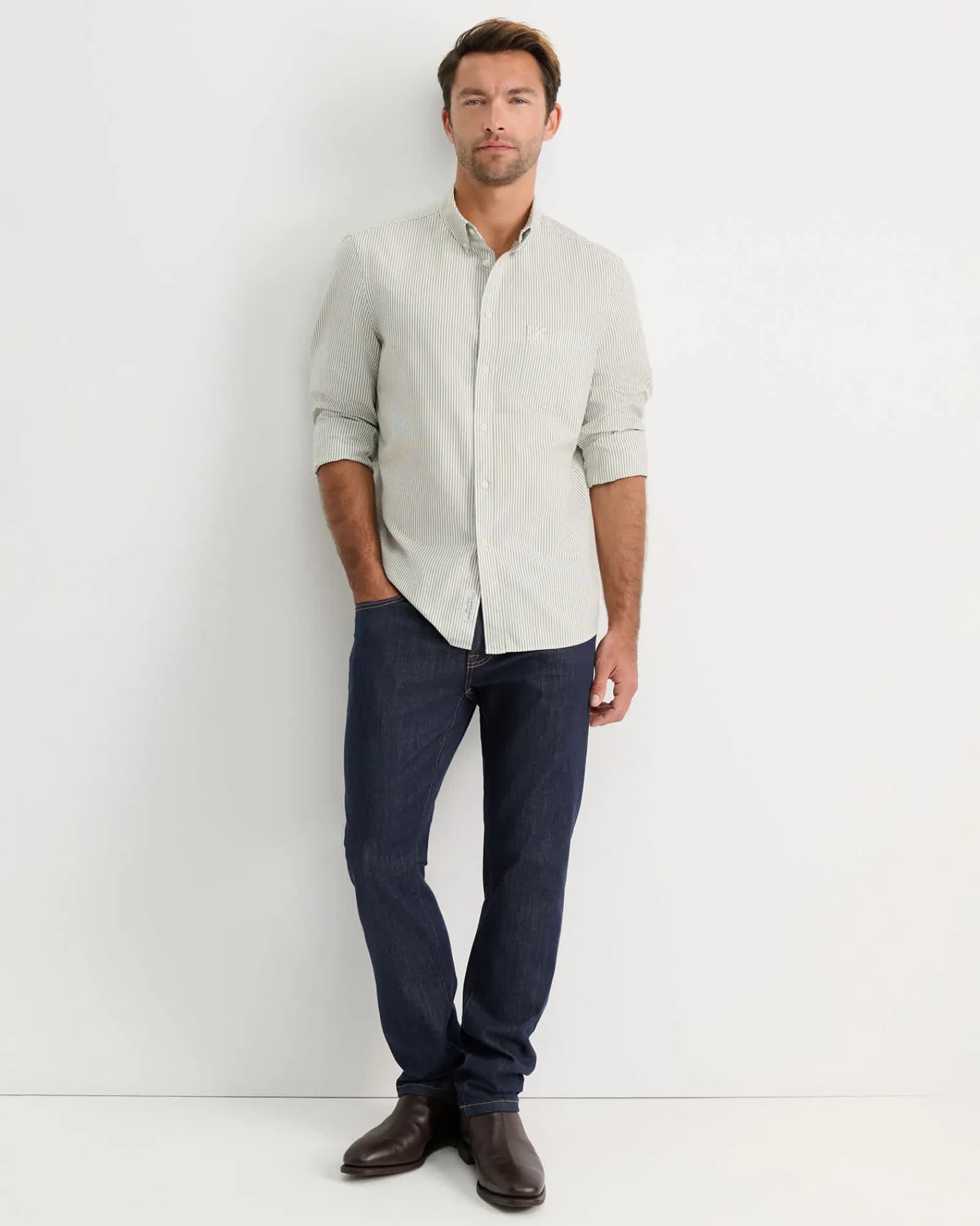 Best Sportscraft Oxford Stripe Long Sleeve Shirt in Khaki