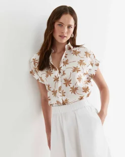 Sale Sportscraft Palm Short Sleeve Lily Voile Shirt in Tanwhite Tan/white
