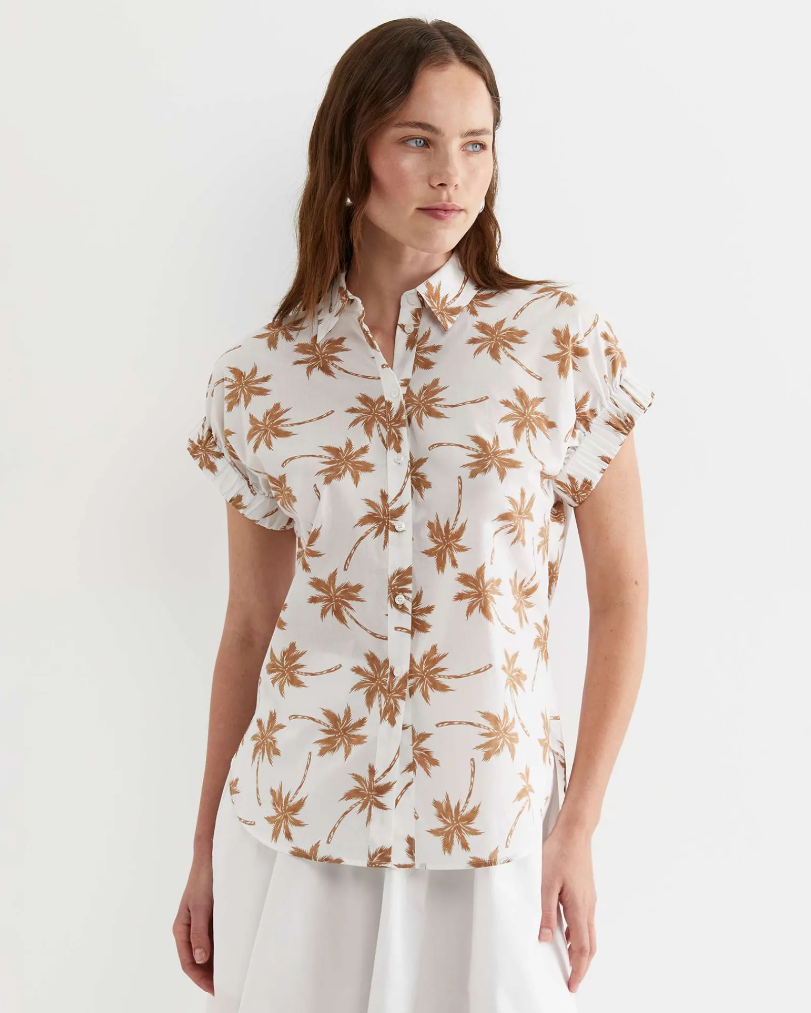Sale Sportscraft Palm Short Sleeve Lily Voile Shirt in Tanwhite Tan/white
