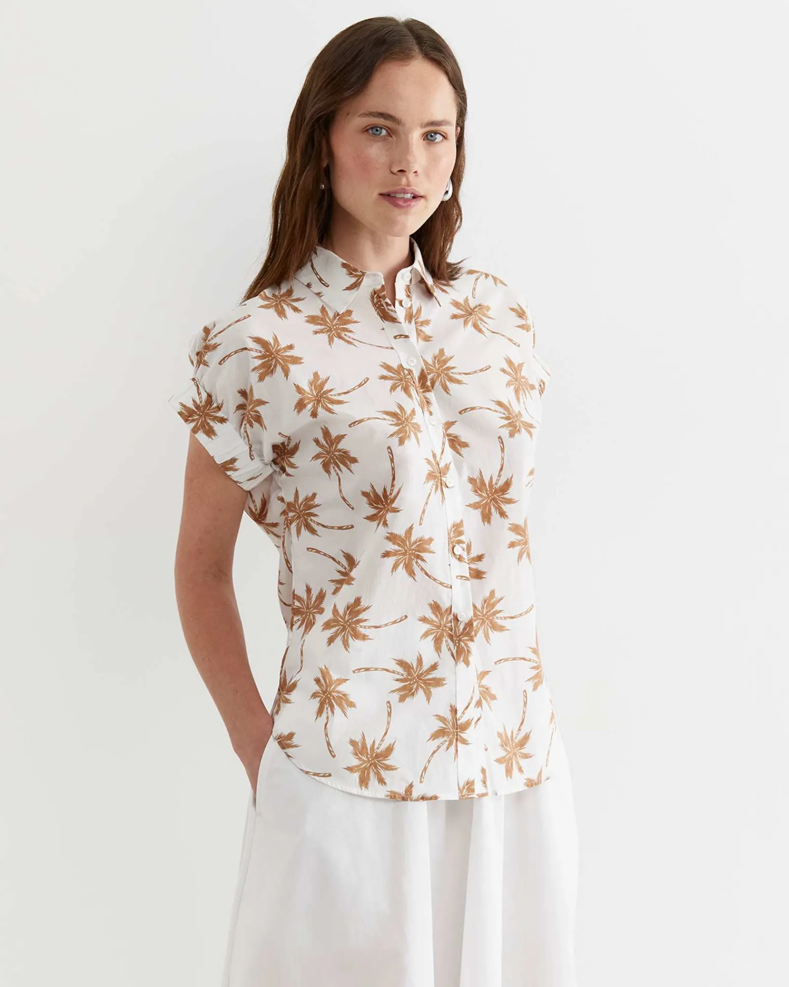 Sale Sportscraft Palm Short Sleeve Lily Voile Shirt in Tanwhite Tan/white