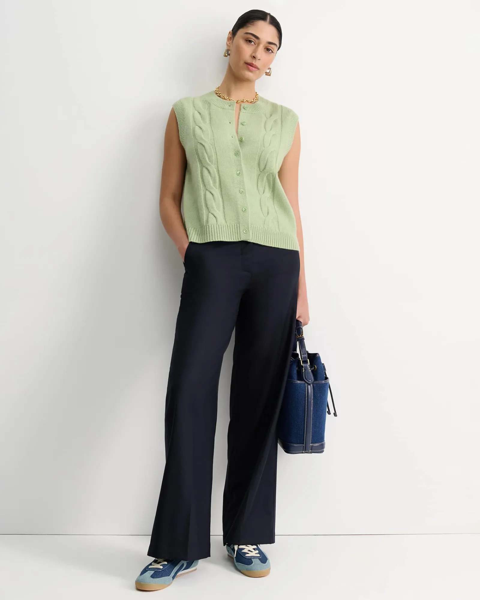 New Sportscraft Pearl Chunky Cable Vest in Avocado