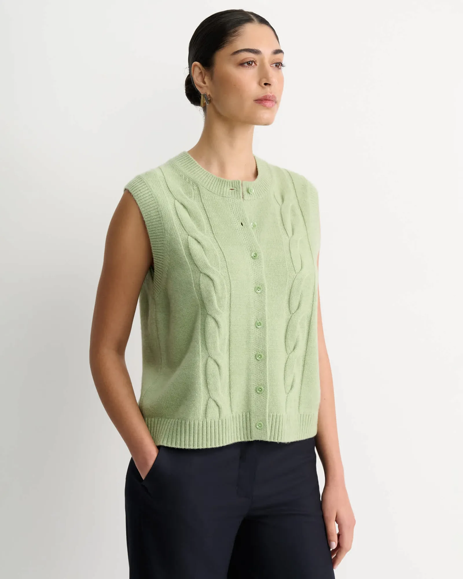 New Sportscraft Pearl Chunky Cable Vest in Avocado