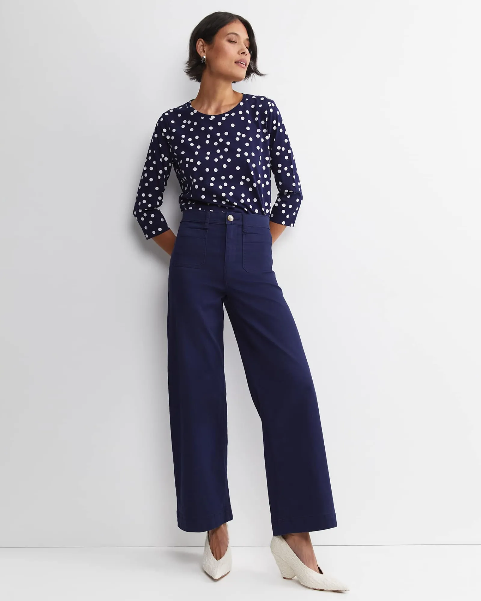 Clearance Sportscraft Polka Mercerised Tee in Whitenavy White/navy
