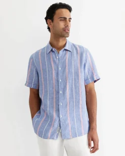 Online Sportscraft Redfern Short Sleeve Linen Stripe Shirt in Pinkblue Pink/blue