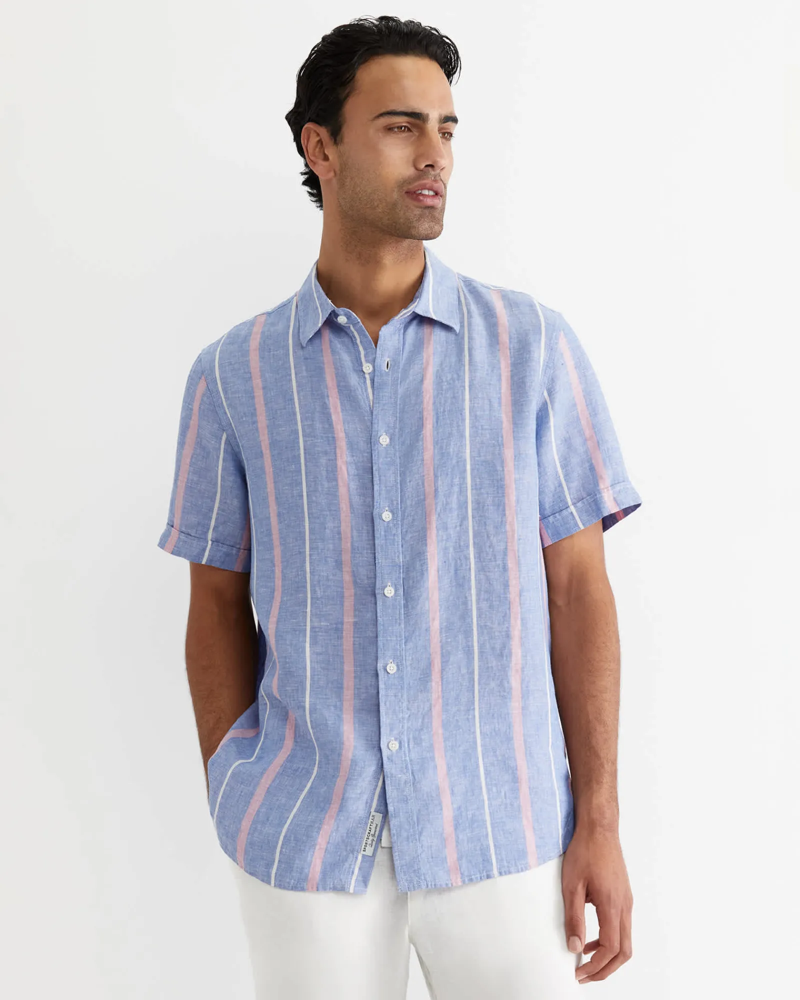 Online Sportscraft Redfern Short Sleeve Linen Stripe Shirt in Pinkblue Pink/blue