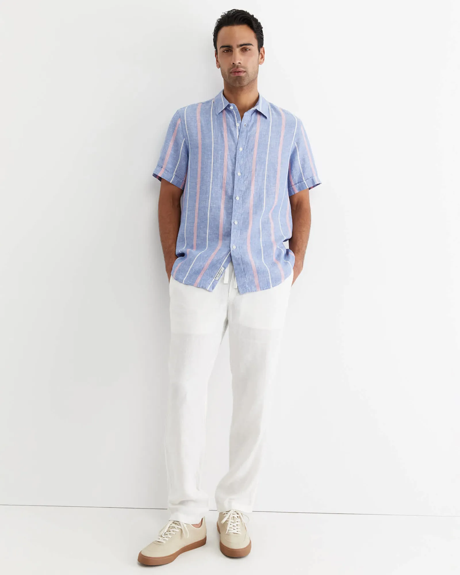 Online Sportscraft Redfern Short Sleeve Linen Stripe Shirt in Pinkblue Pink/blue