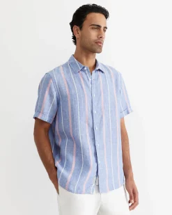 Online Sportscraft Redfern Short Sleeve Linen Stripe Shirt in Pinkblue Pink/blue