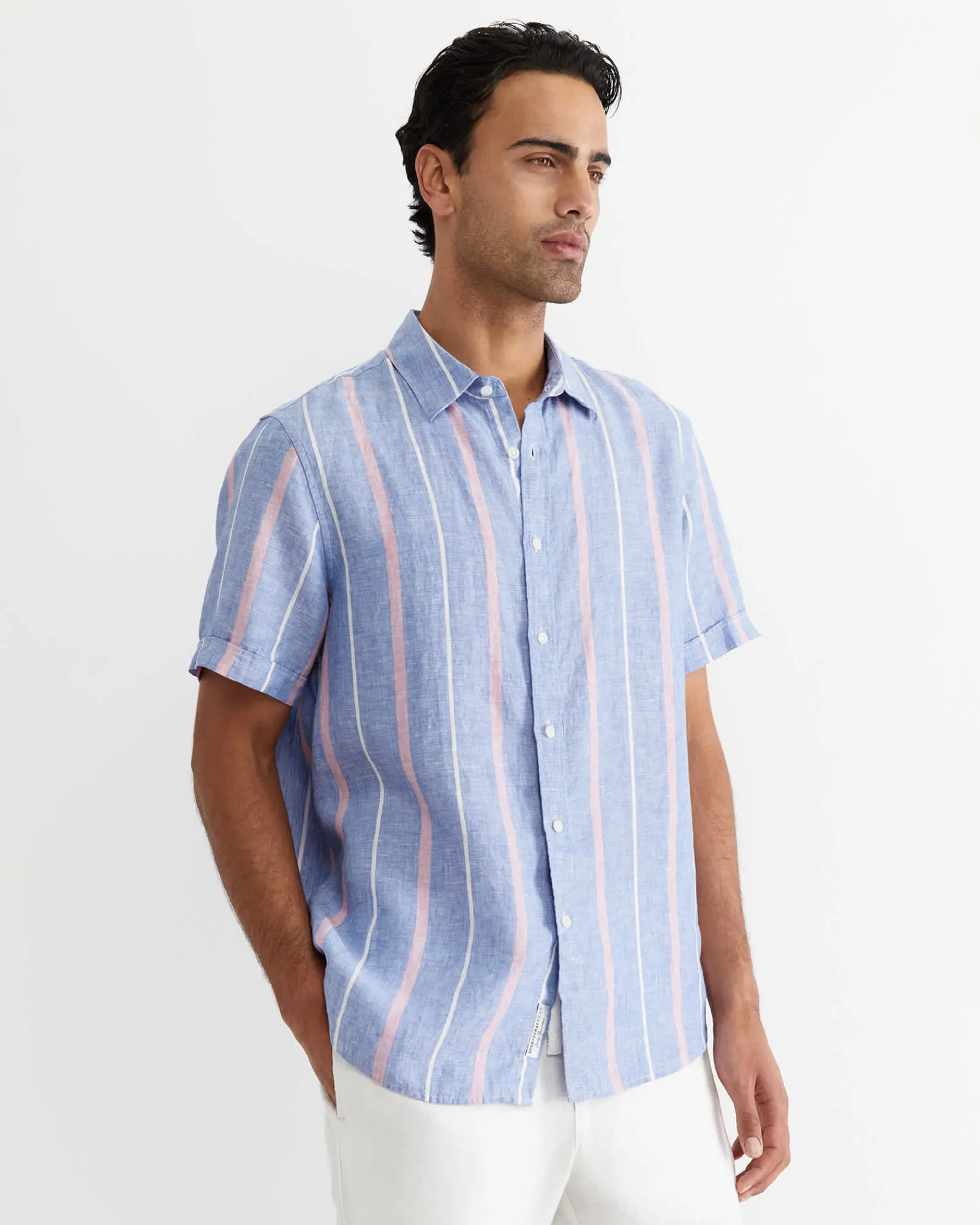 Online Sportscraft Redfern Short Sleeve Linen Stripe Shirt in Pinkblue Pink/blue