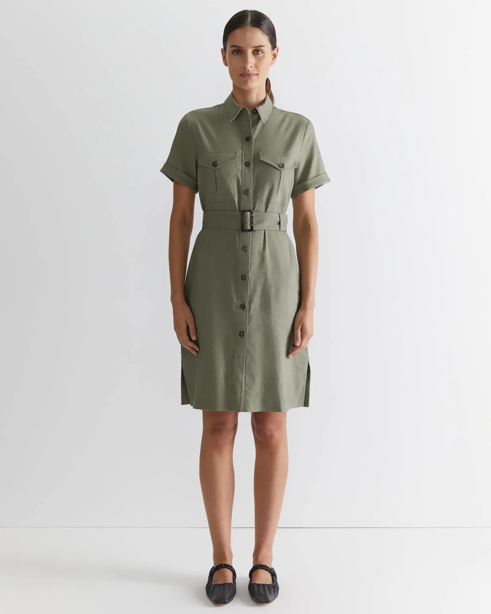 Best Sportscraft Rosa Belted Shirt Dress in Khaki