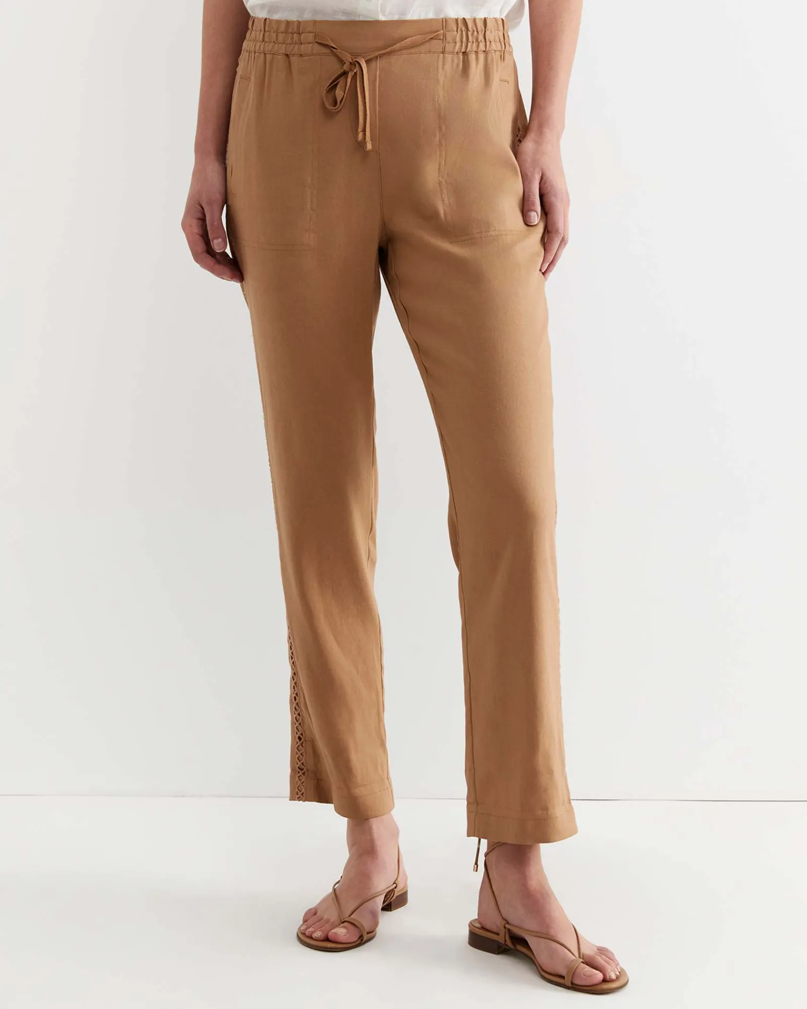 Outlet Sportscraft Rosa Lace Trim Linen Pant in Tan