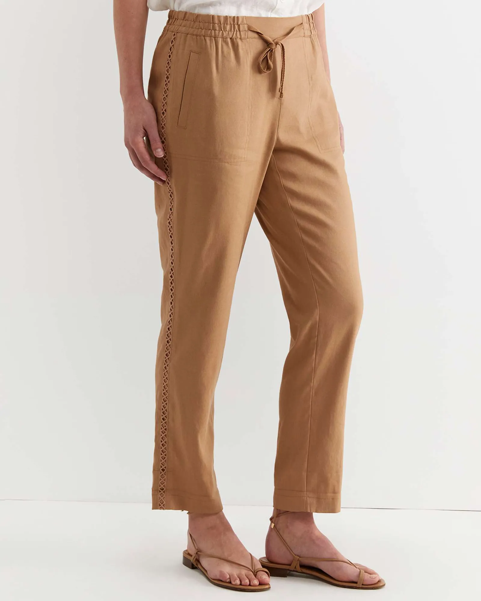 Outlet Sportscraft Rosa Lace Trim Linen Pant in Tan
