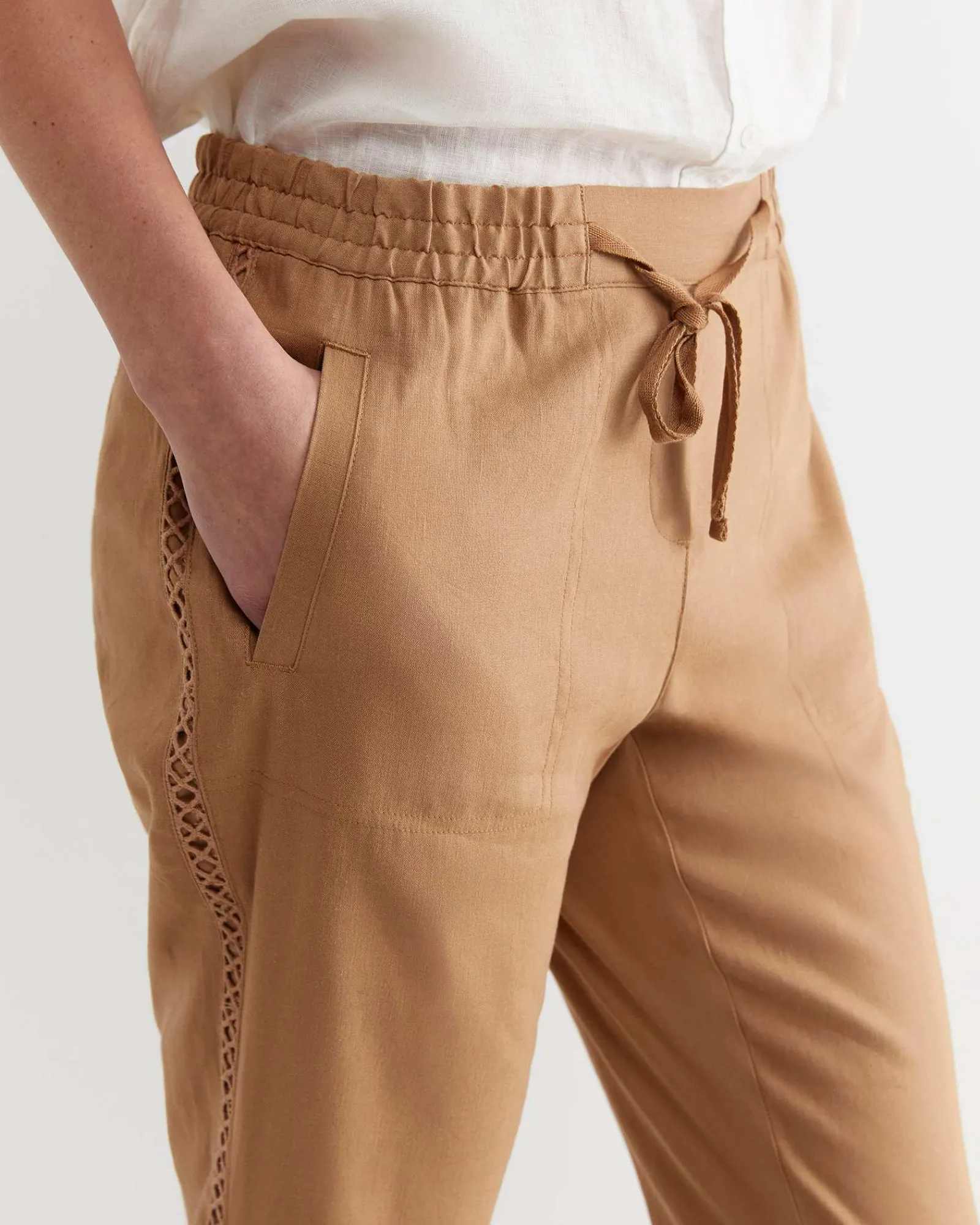 Outlet Sportscraft Rosa Lace Trim Linen Pant in Tan