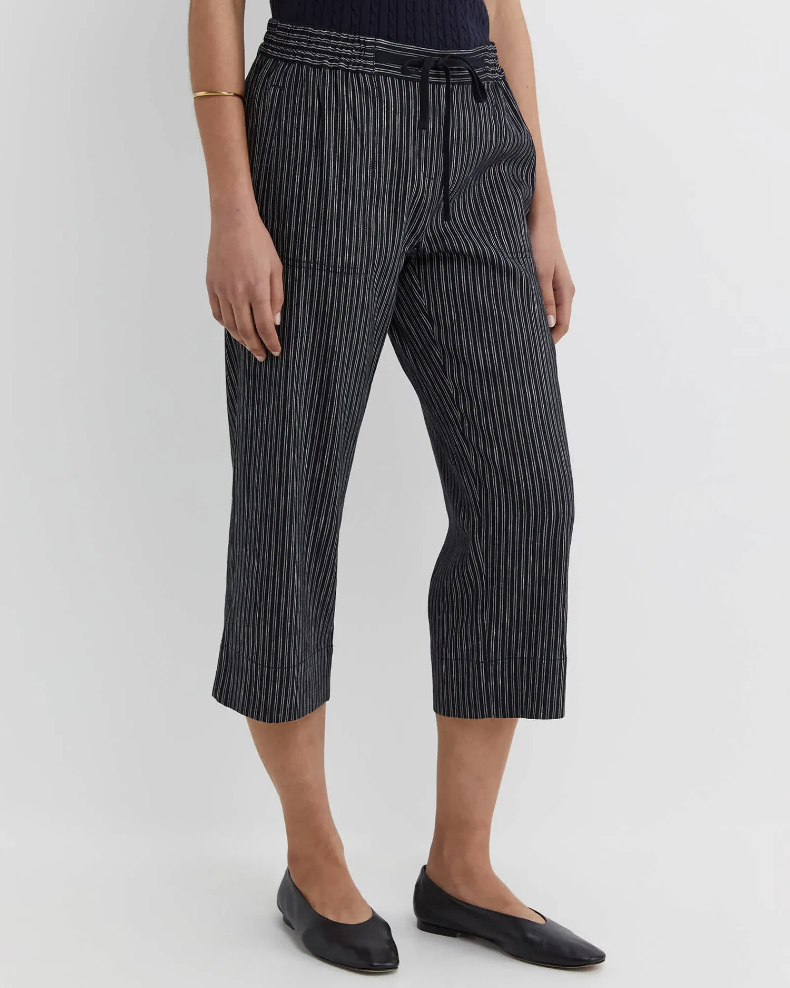Clearance Sportscraft Rosa Stripe Crop Linen Pant in Navywhite Navy/white