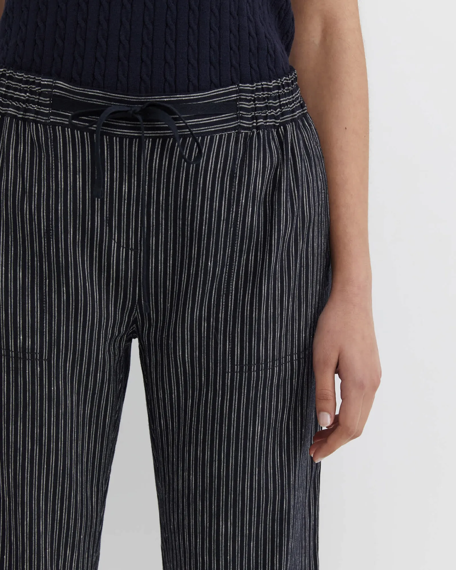 Clearance Sportscraft Rosa Stripe Crop Linen Pant in Navywhite Navy/white