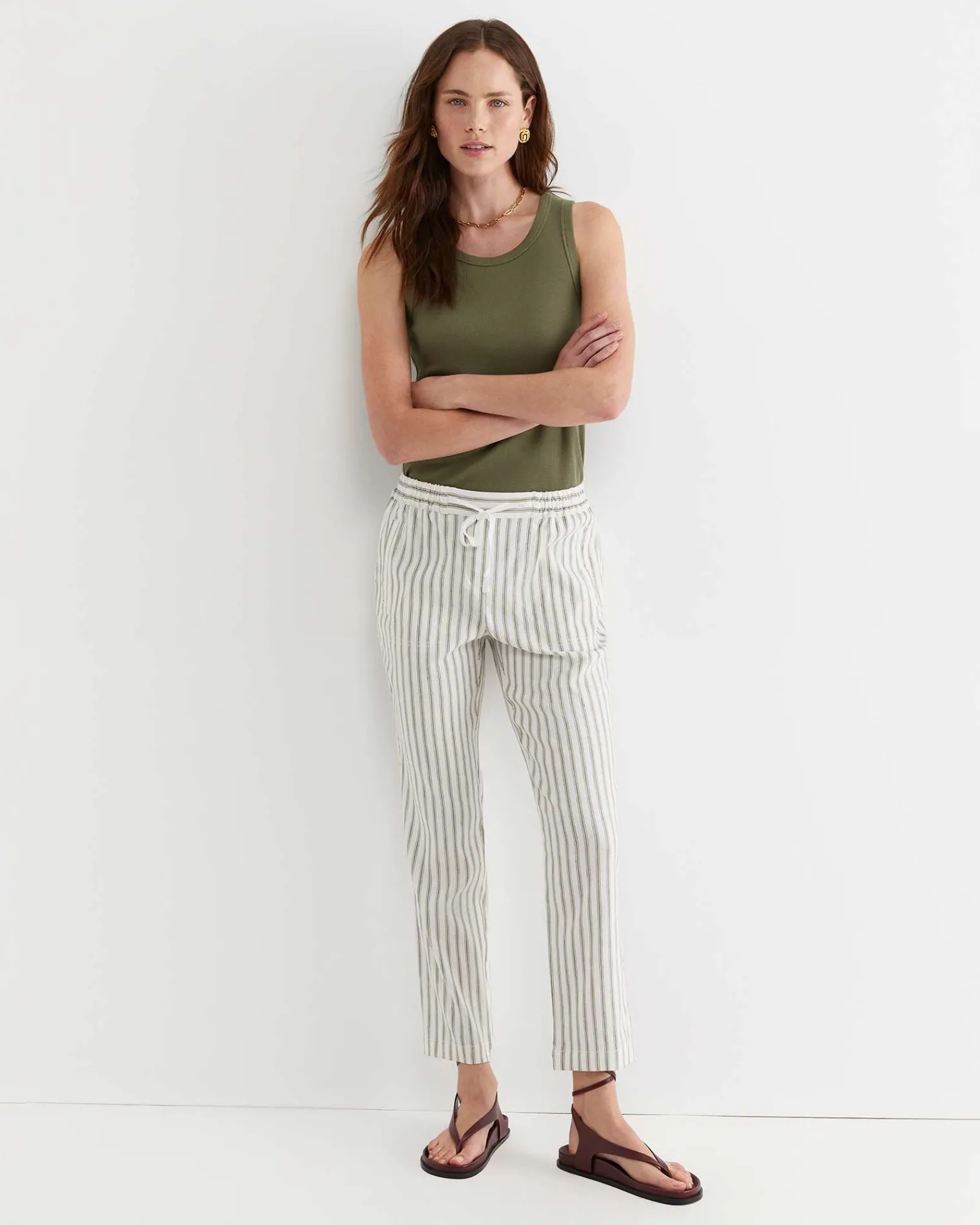 Fashion Sportscraft Rosa Stripe Linen Pant in Whitekhaki White/khaki