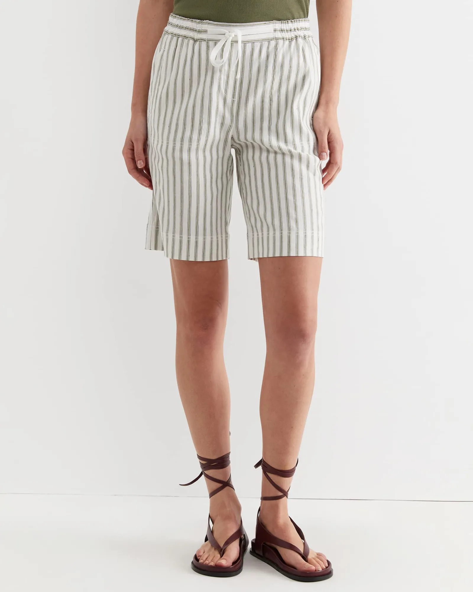 Best Sportscraft Rosa Stripe Linen Short in Whitekhaki White/khaki