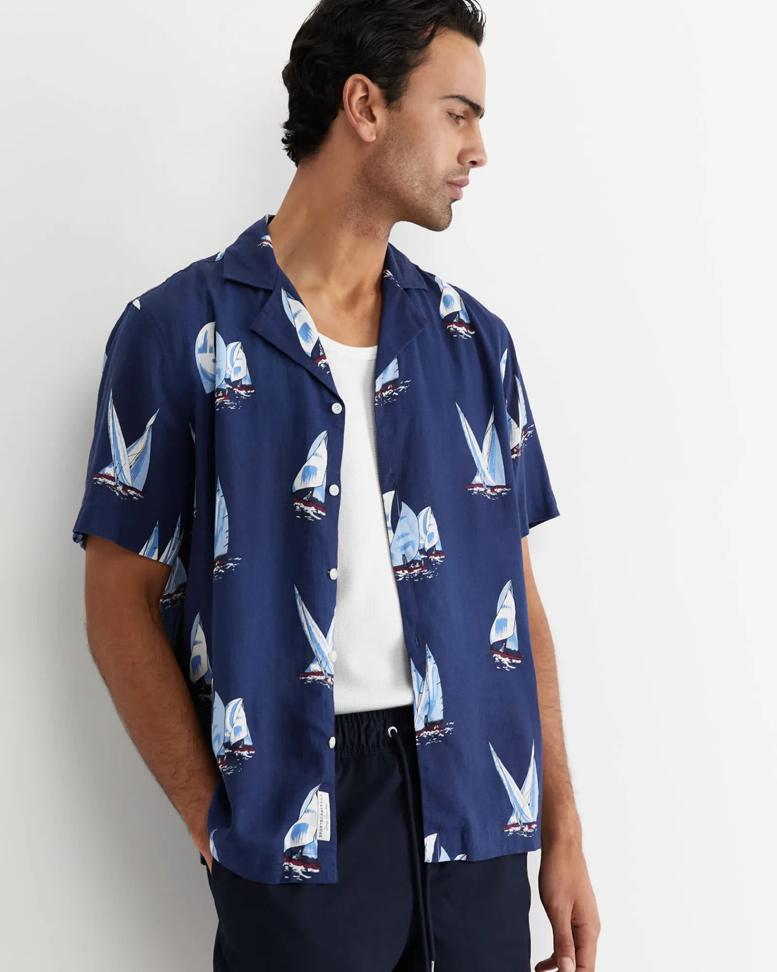 Discount Sportscraft Sail Away Short Sleeve Cuban Shirt in Navy