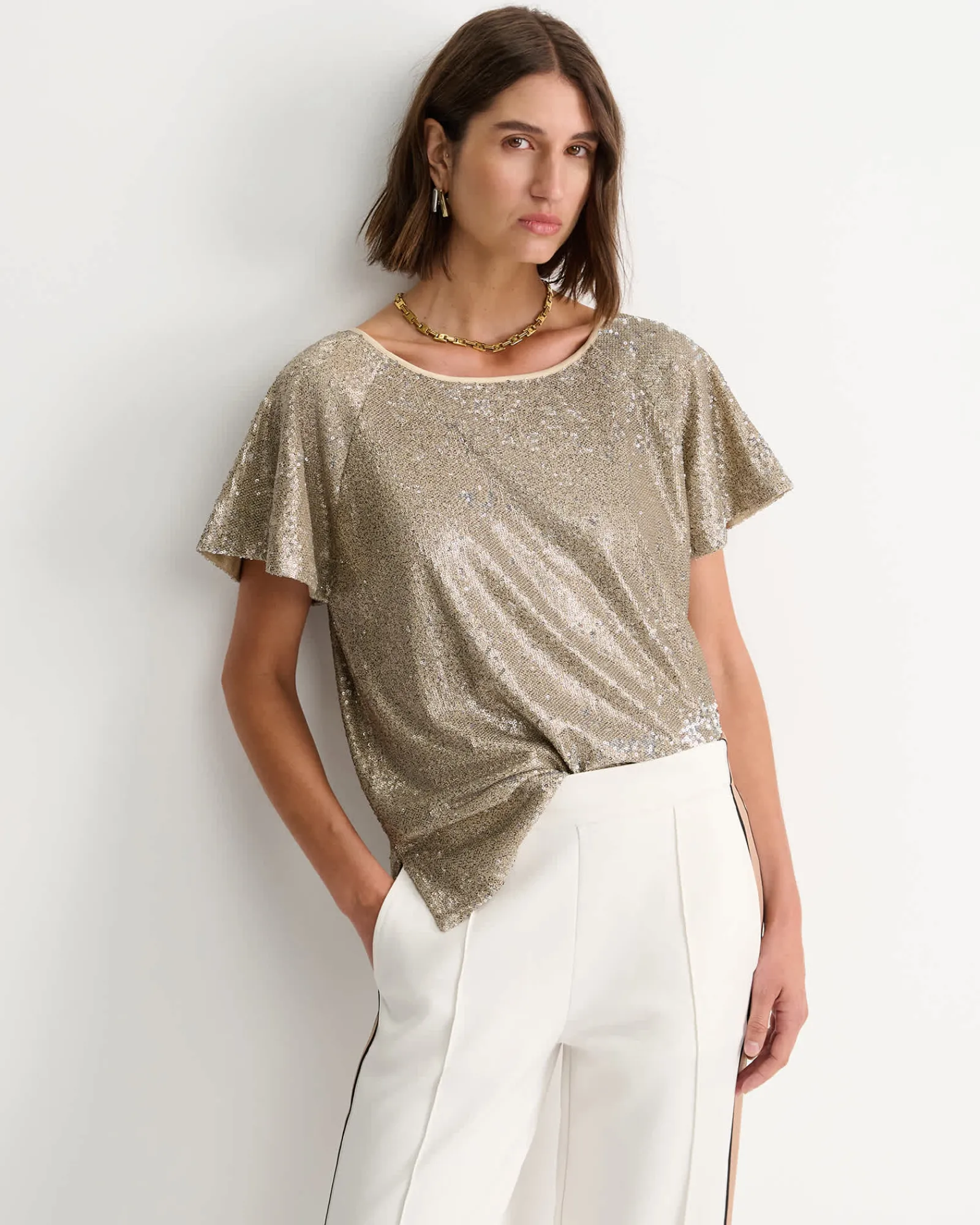 New Sportscraft Sammi Sequin Short Sleeve Top in Gold
