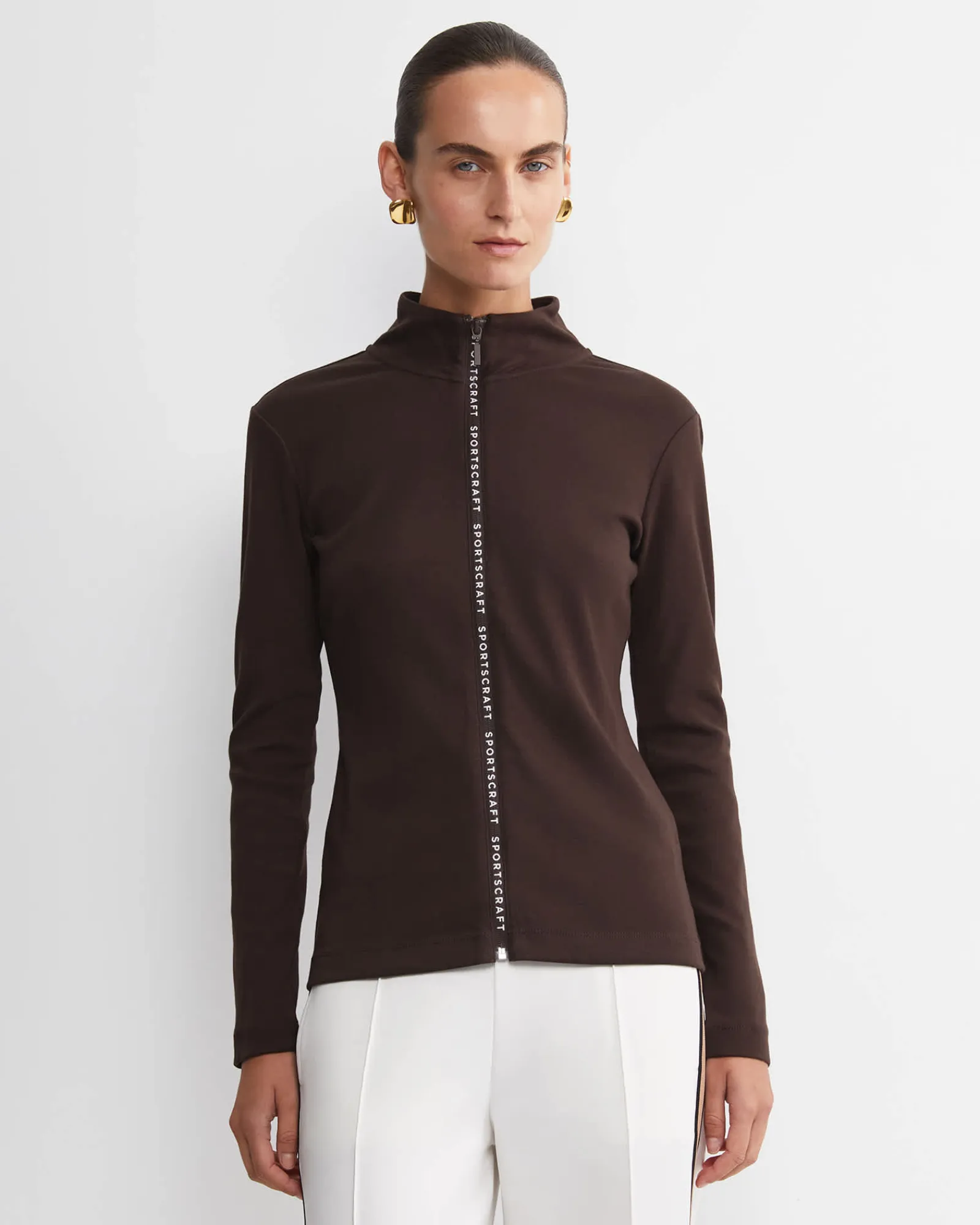 Best Sportscraft SC Zip Thru Funnel Neck Top in Chocolate