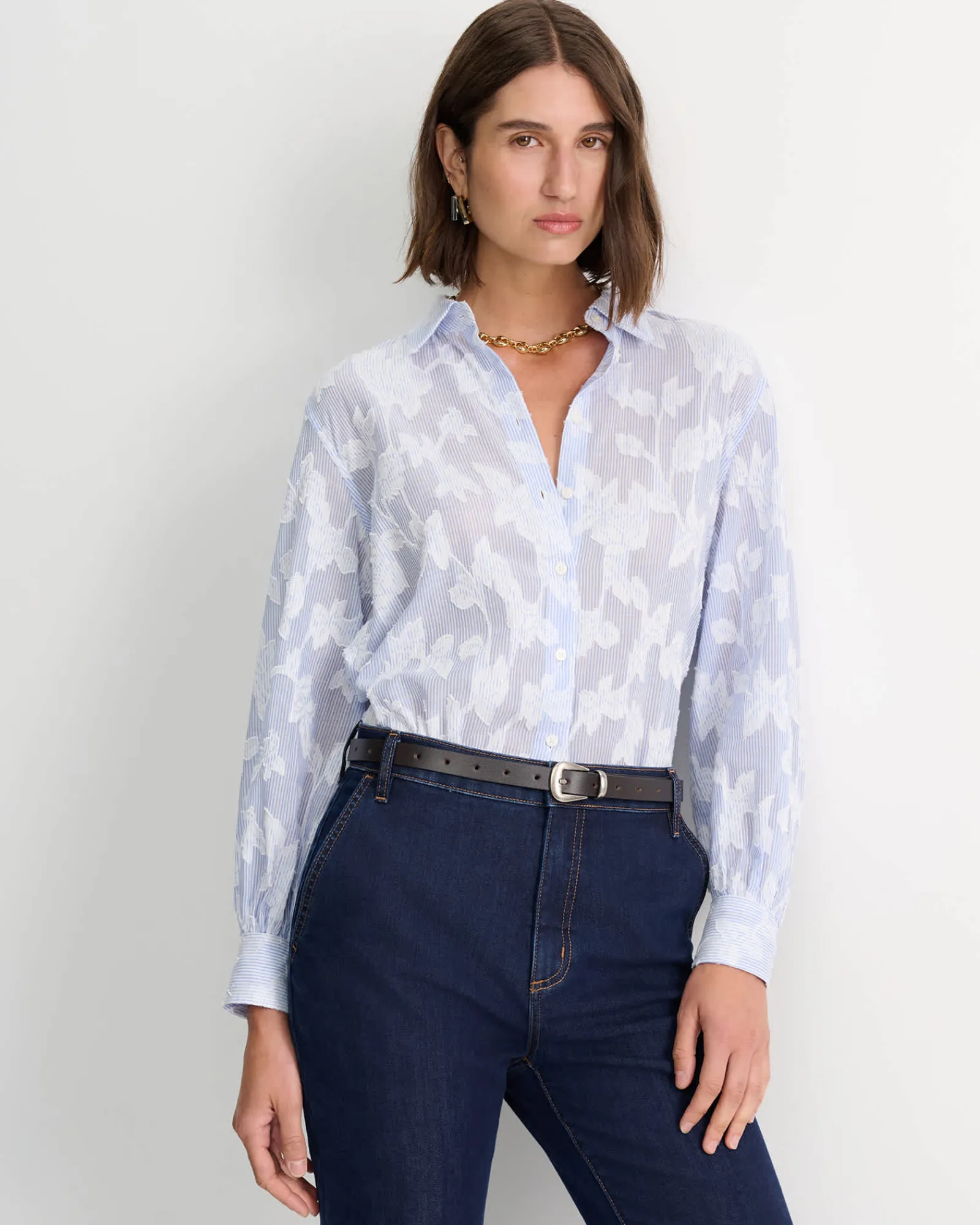 Fashion Sportscraft Sedonia Clip Back Shirt in Whiteblue White/blue