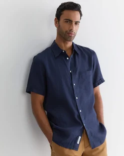 Sale Sportscraft Short Sleeve Linen Shirt in Navy