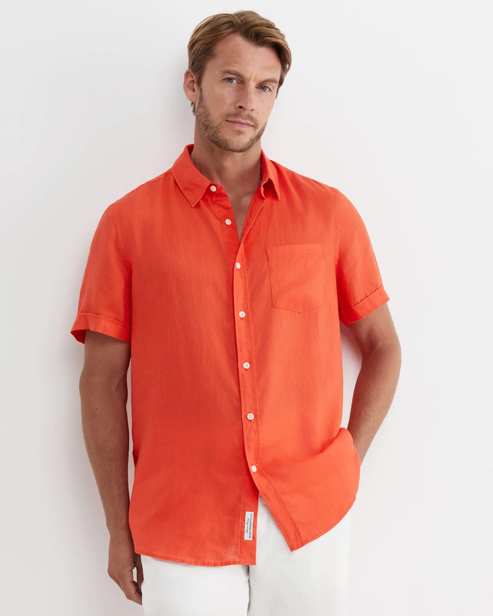 Outlet Sportscraft Short Sleeve Linen Shirt in Tangerine