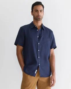 Sale Sportscraft Short Sleeve Linen Shirt in Navy