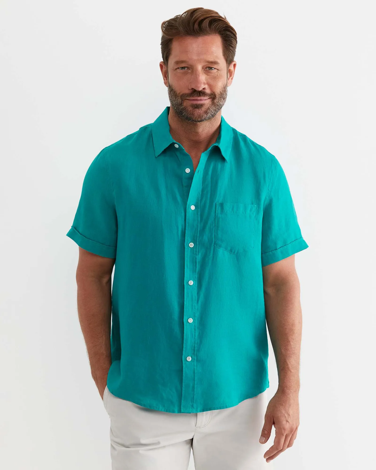 Online Sportscraft Short Sleeve Linen Shirt in Seagreen