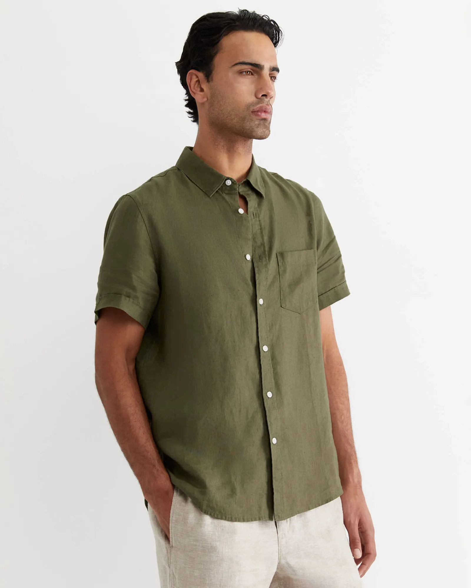 Outlet Sportscraft Short Sleeve Linen Shirt in Khaki