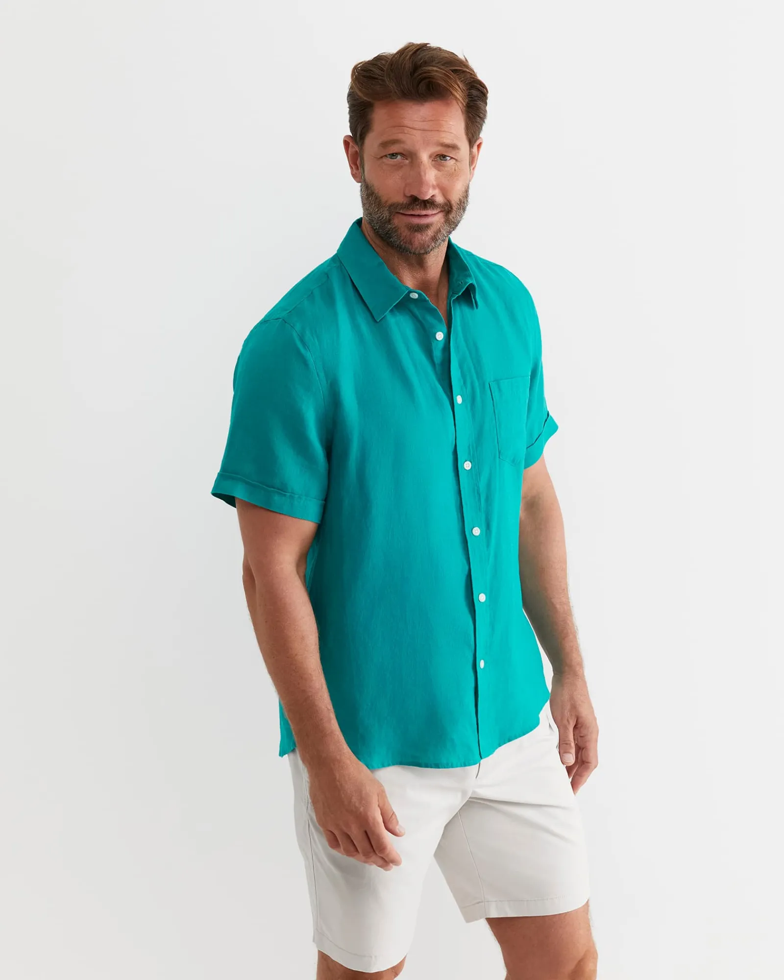 Online Sportscraft Short Sleeve Linen Shirt in Seagreen