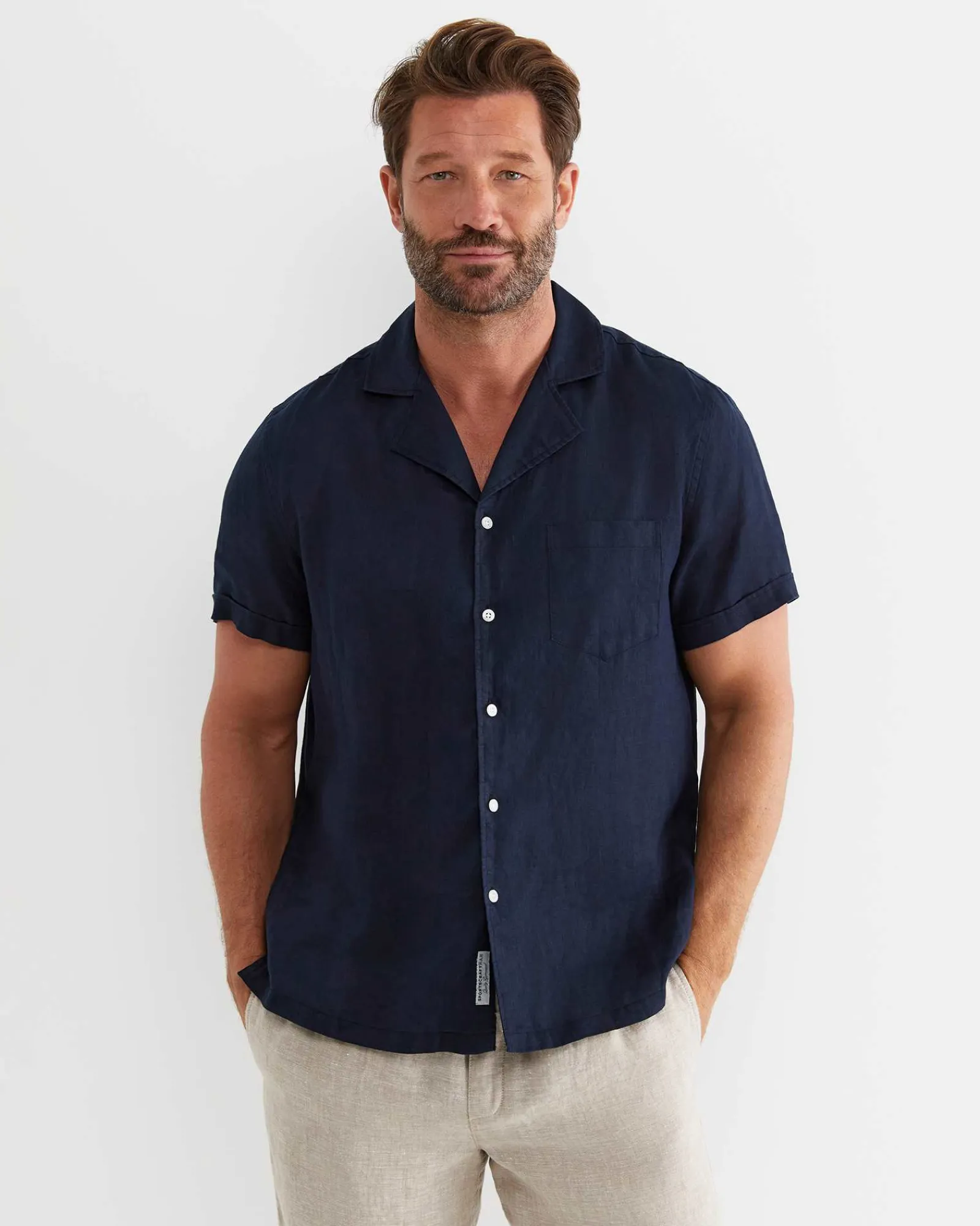 Best Sportscraft Short Sleeve Stanton Linen Shirt in Navy