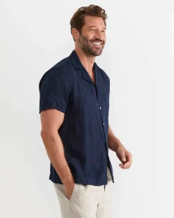 Best Sportscraft Short Sleeve Stanton Linen Shirt in Navy