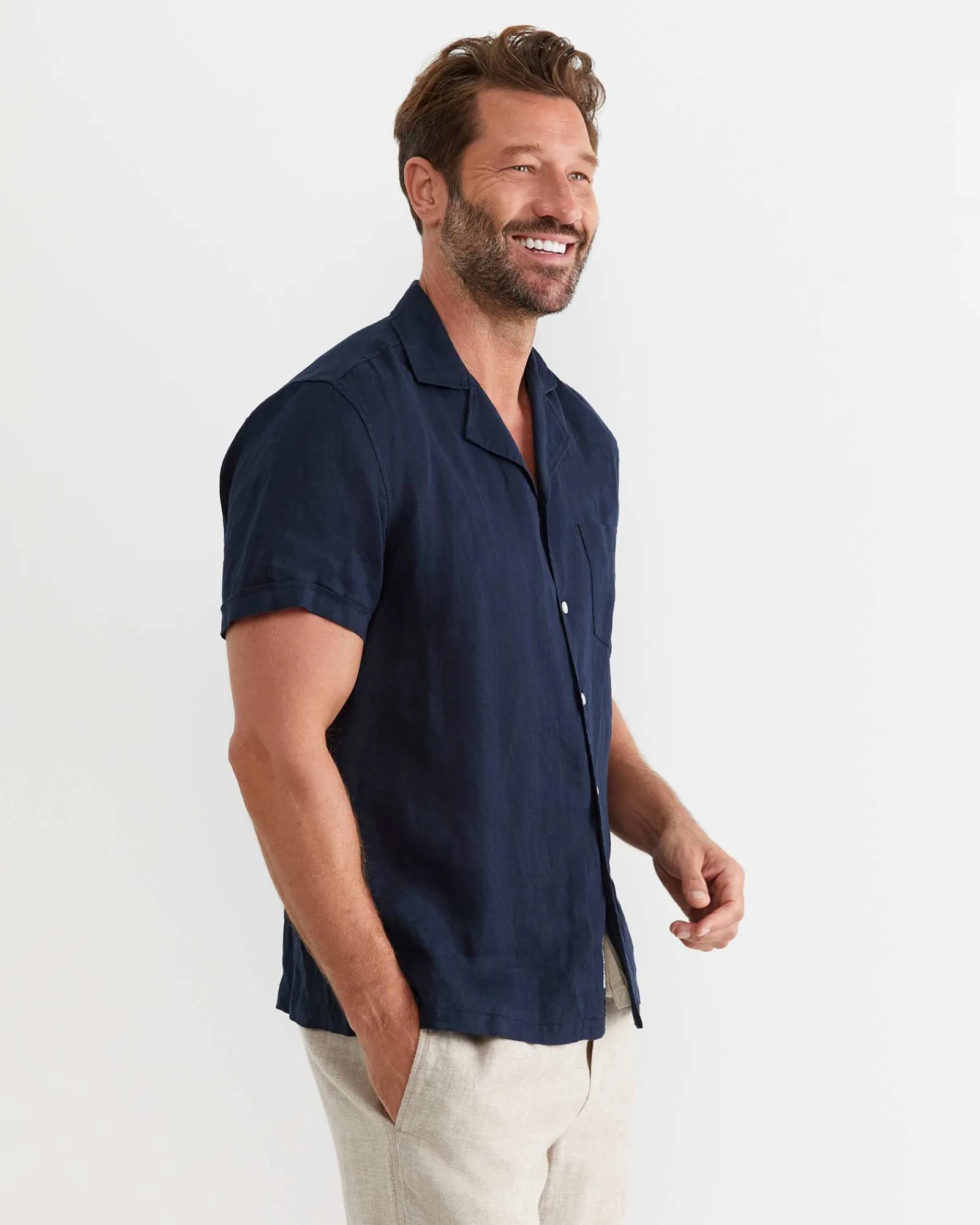 Best Sportscraft Short Sleeve Stanton Linen Shirt in Navy