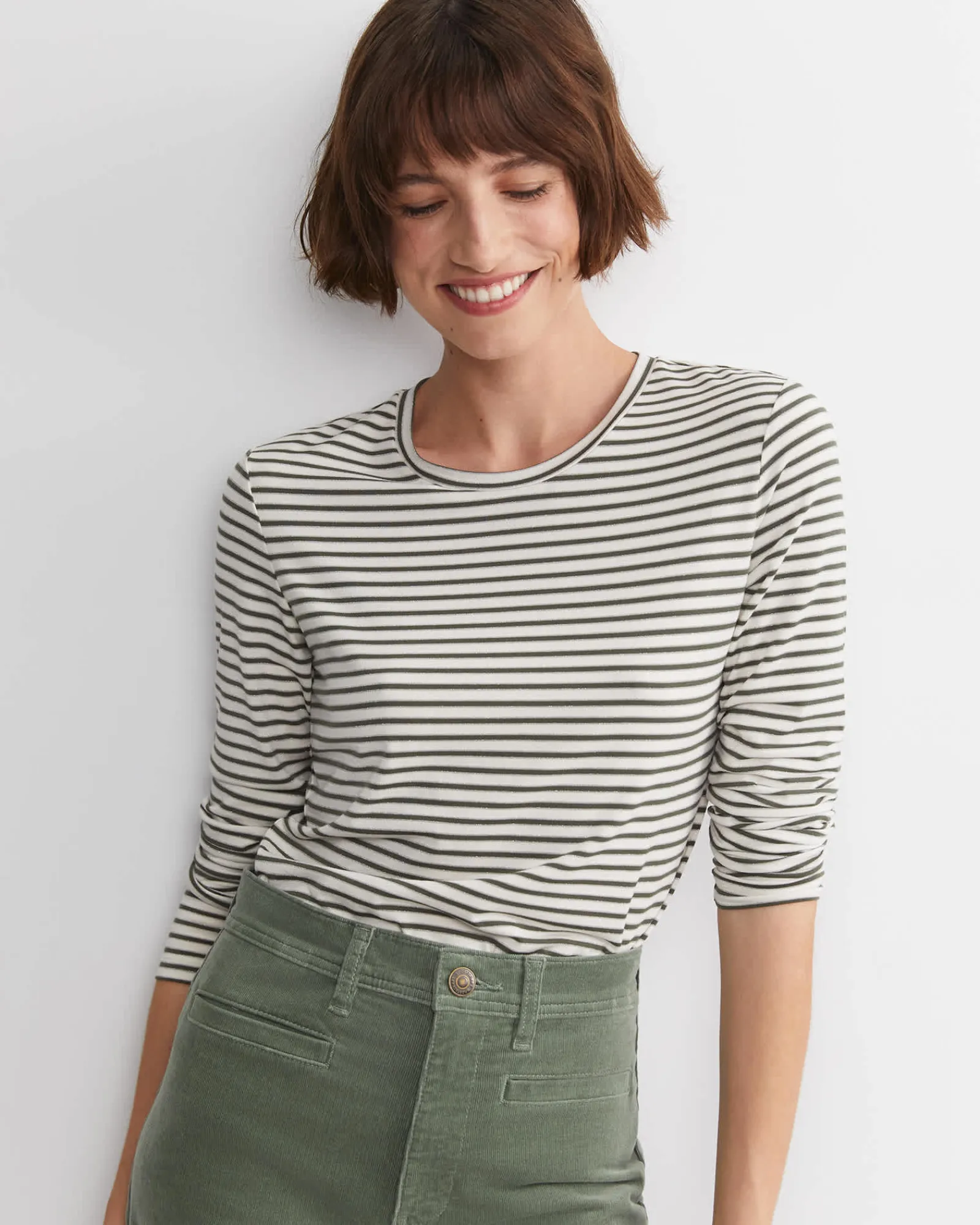 Clearance Sportscraft Stripe Lurex Long Sleeve Magic Tee in Whitekhaki White/khaki