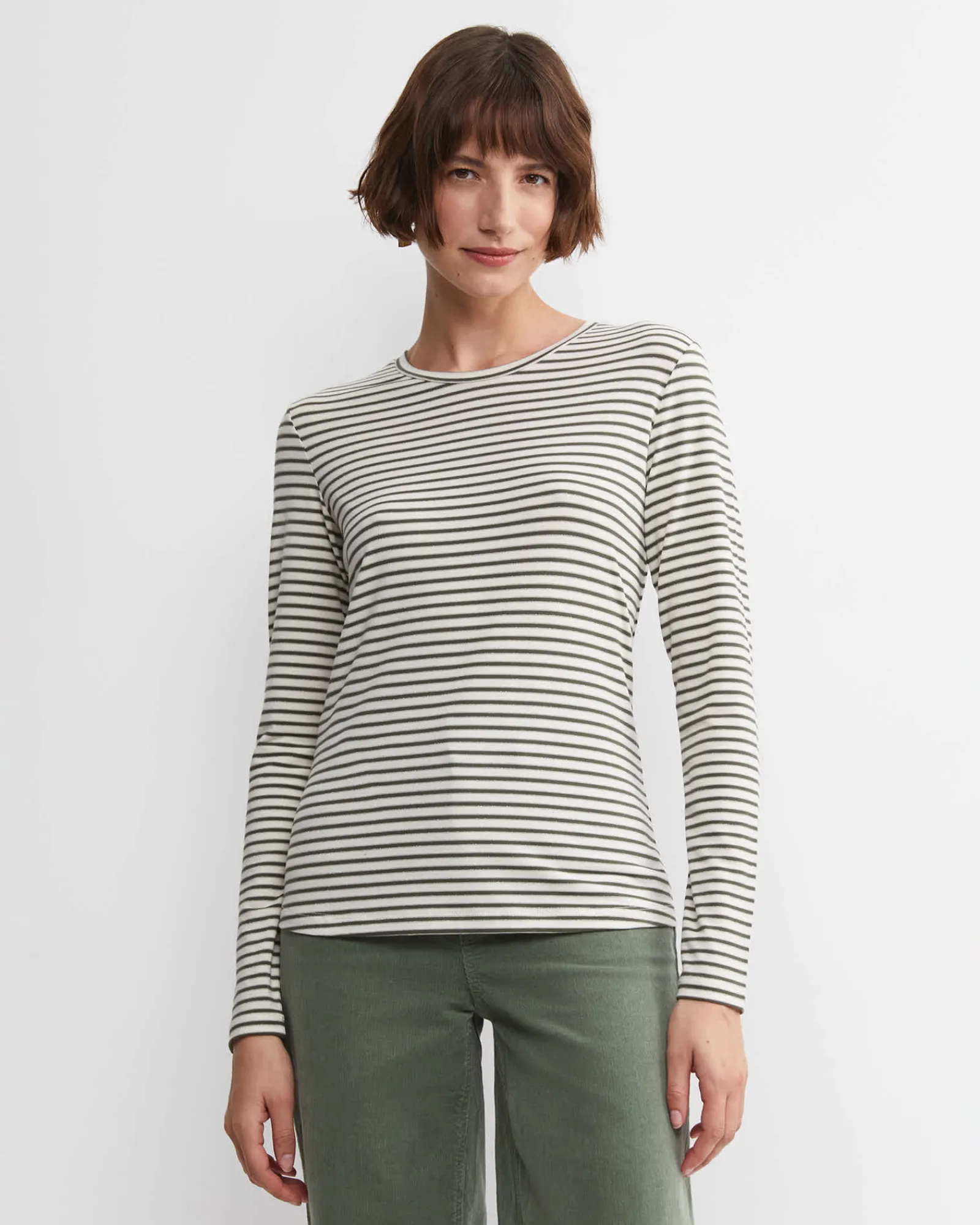 Clearance Sportscraft Stripe Lurex Long Sleeve Magic Tee in Whitekhaki White/khaki