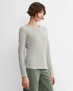 Clearance Sportscraft Stripe Lurex Long Sleeve Magic Tee in Whitekhaki White/khaki