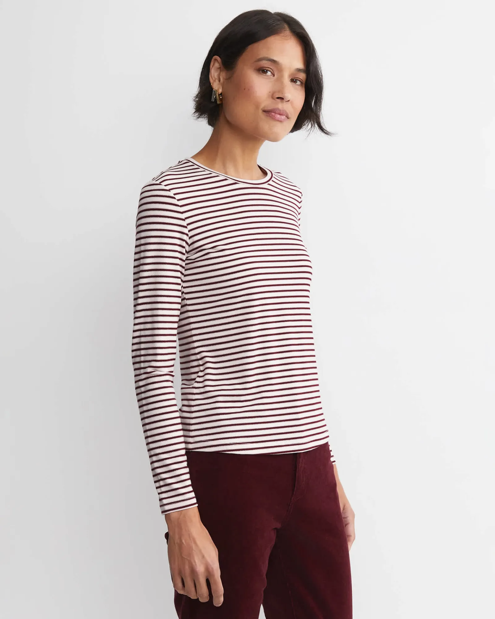 Fashion Sportscraft Stripe Lurex Long Sleeve Magic Tee in Wine