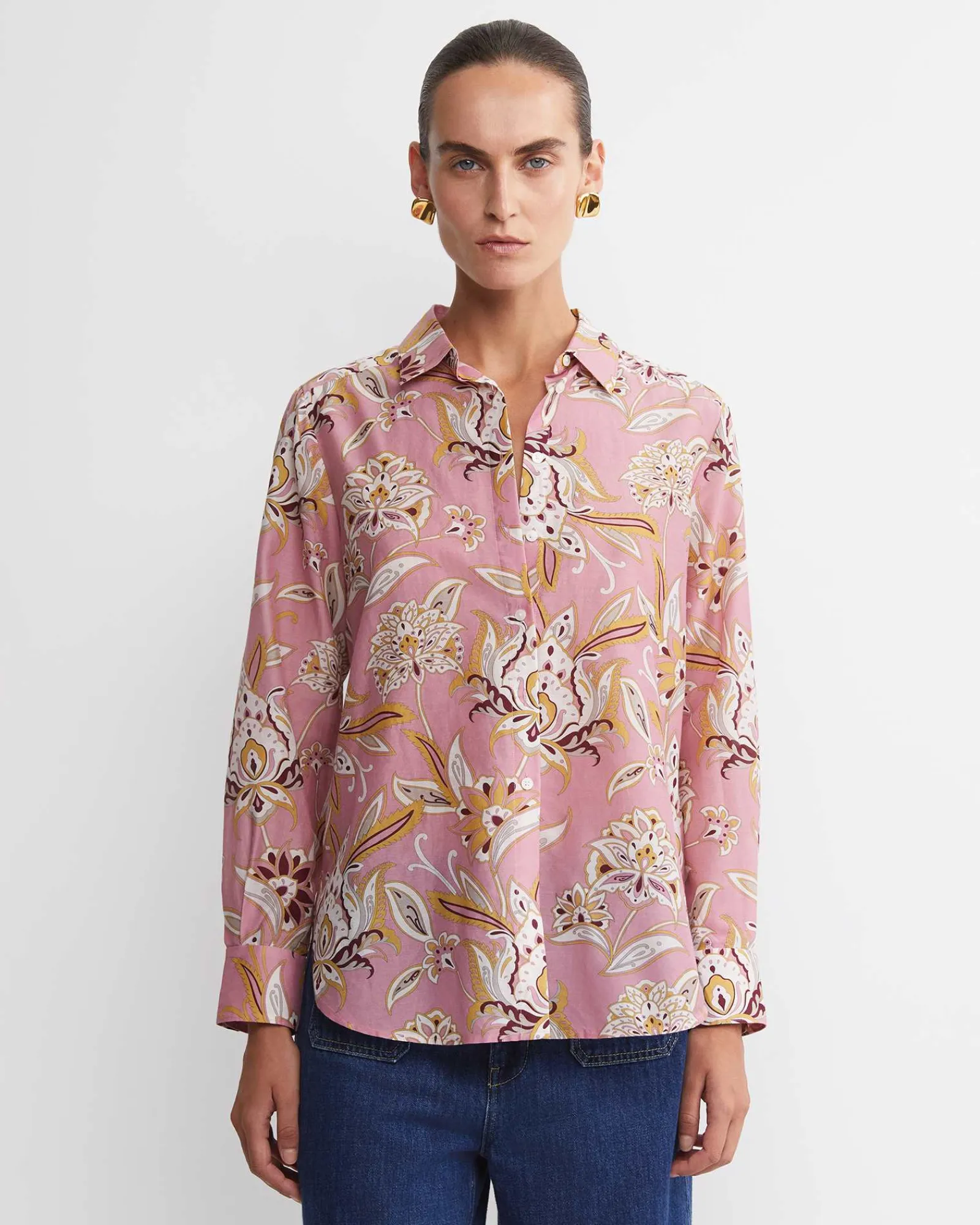 New Sportscraft Sue Paisley Long Sleeve Cotton Silk Shirt in Pink Multi PinkMulti
