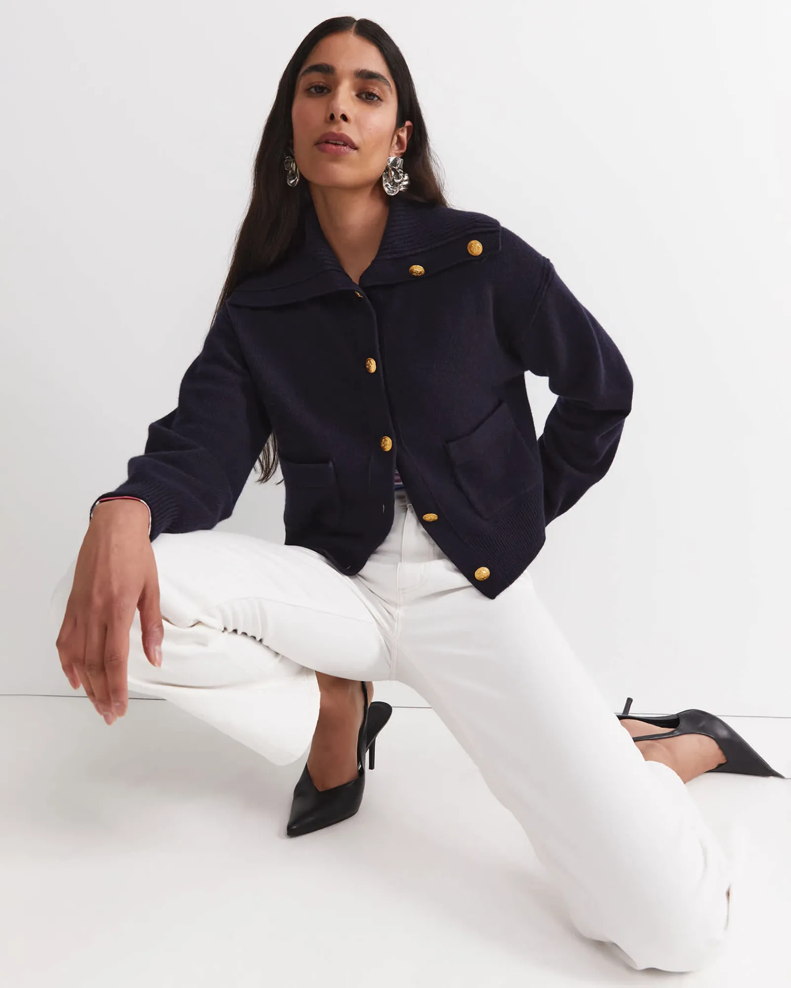 Sale Sportscraft Sunshine Collared Merino Cardigan in Navy