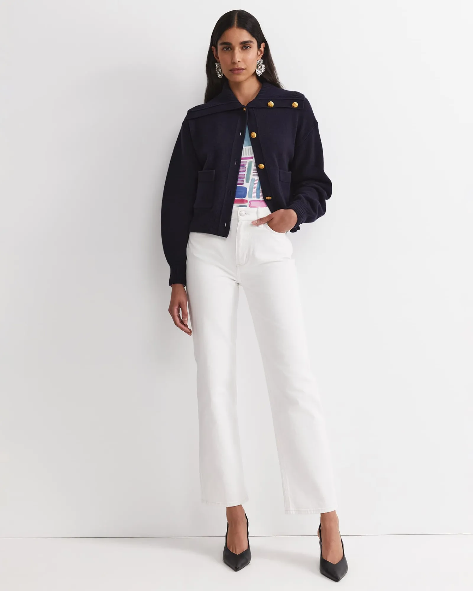 Sale Sportscraft Sunshine Collared Merino Cardigan in Navy