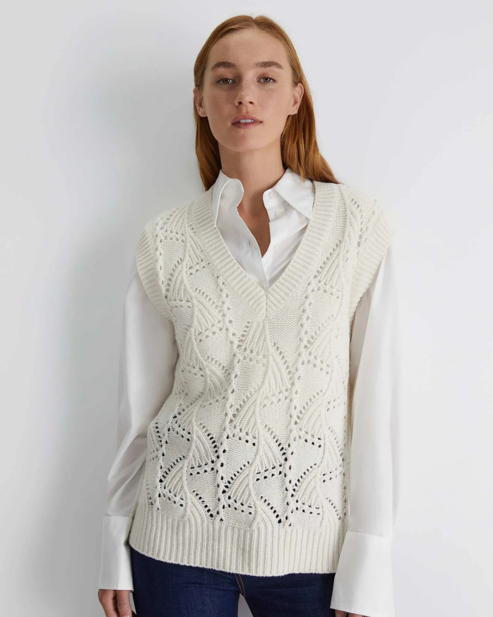 New Sportscraft Sunshine Open Knit Wool Vest in Winter White WinterWhite