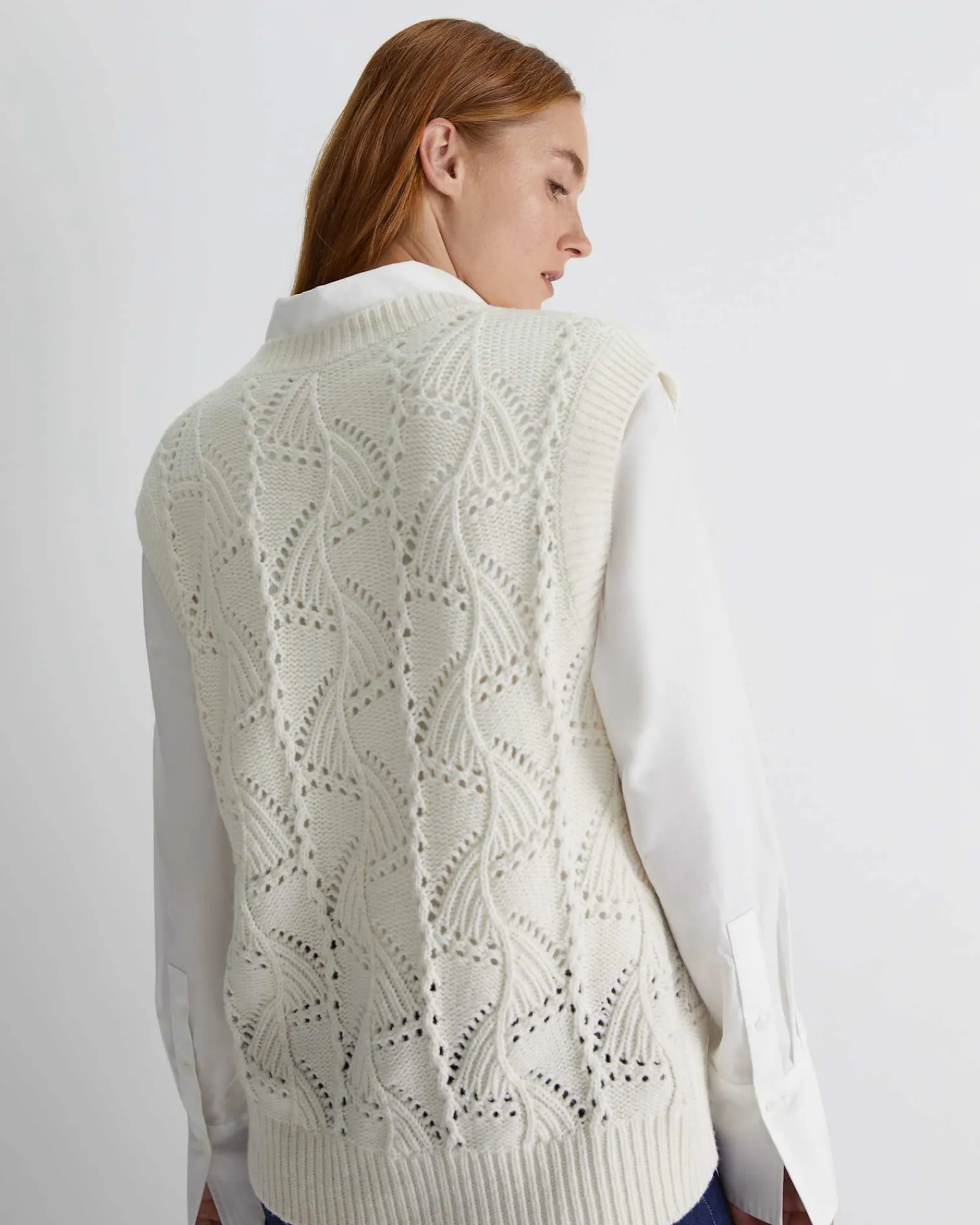New Sportscraft Sunshine Open Knit Wool Vest in Winter White WinterWhite