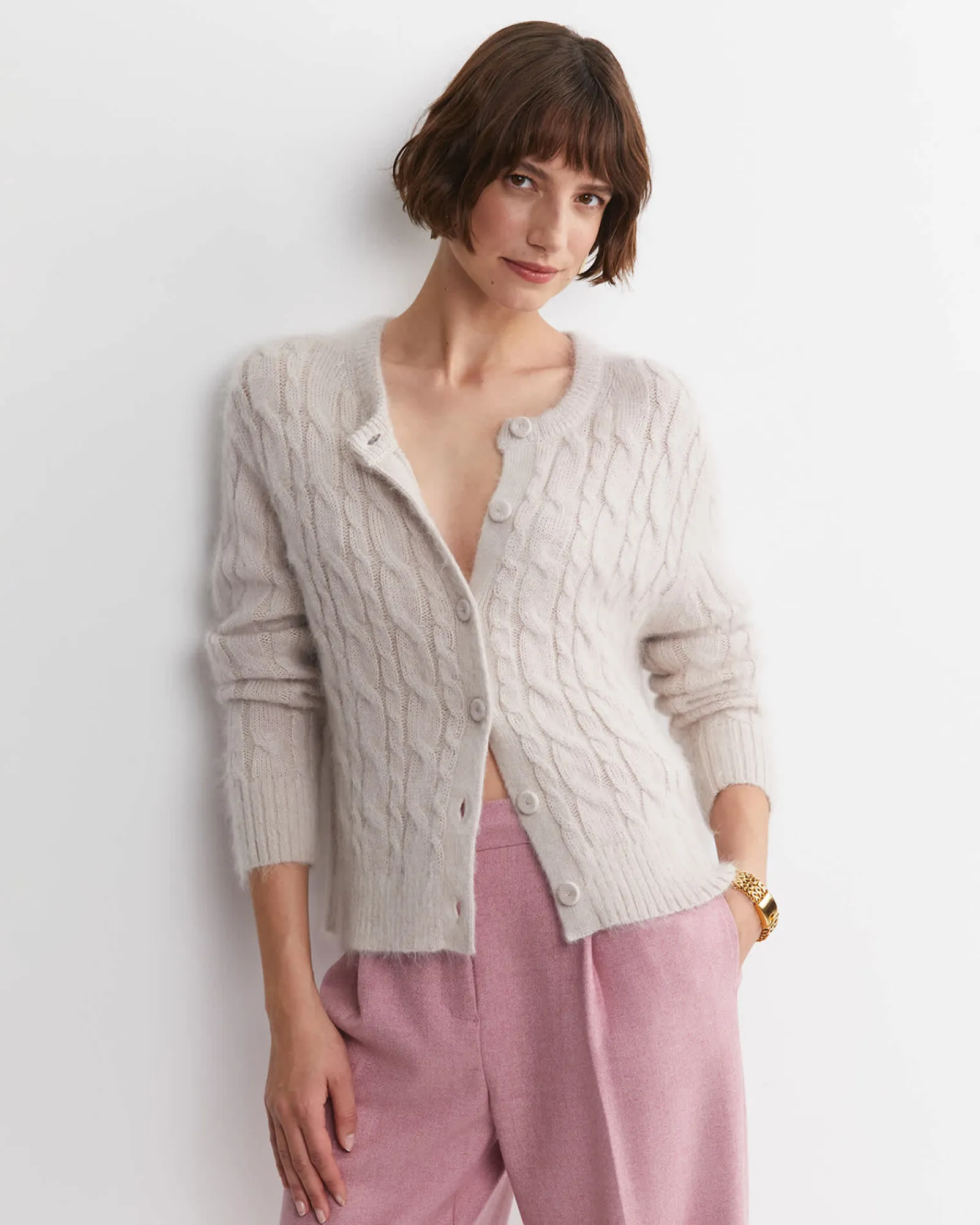 Outlet Sportscraft Tatiana Mohair Cable Cardigan in Oatmeal