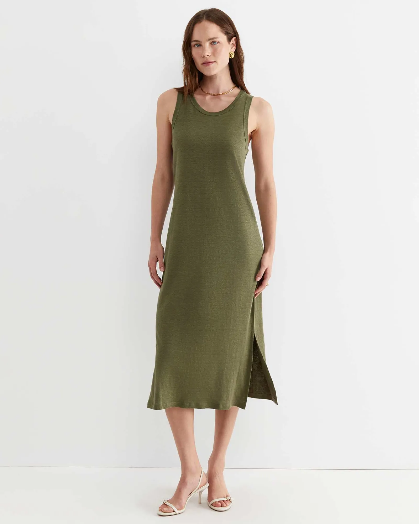Clearance Sportscraft Tonia Linen Tank Midi Dress in Khaki