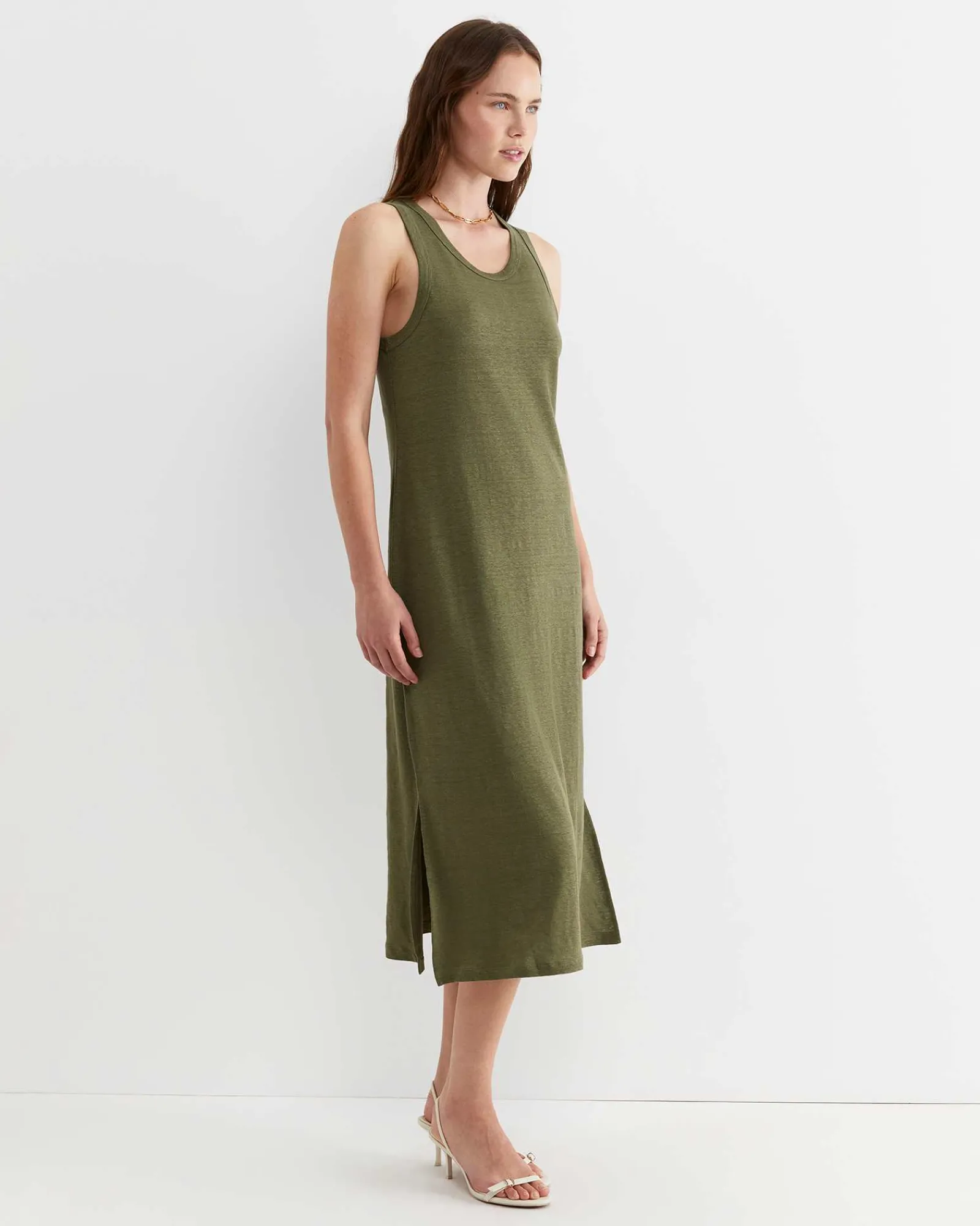 Clearance Sportscraft Tonia Linen Tank Midi Dress in Khaki