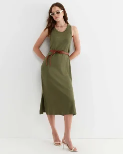 Clearance Sportscraft Tonia Linen Tank Midi Dress in Khaki