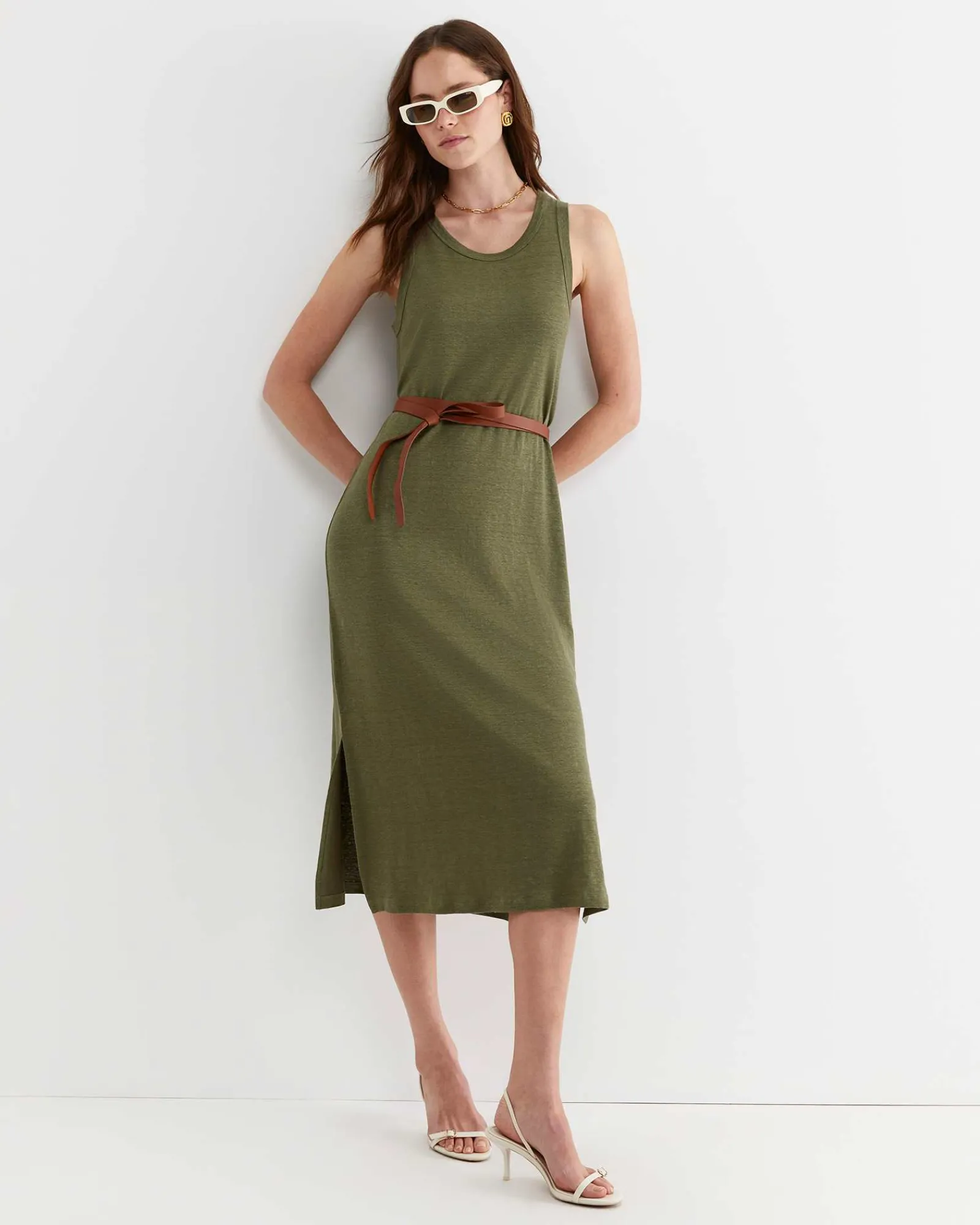 Clearance Sportscraft Tonia Linen Tank Midi Dress in Khaki