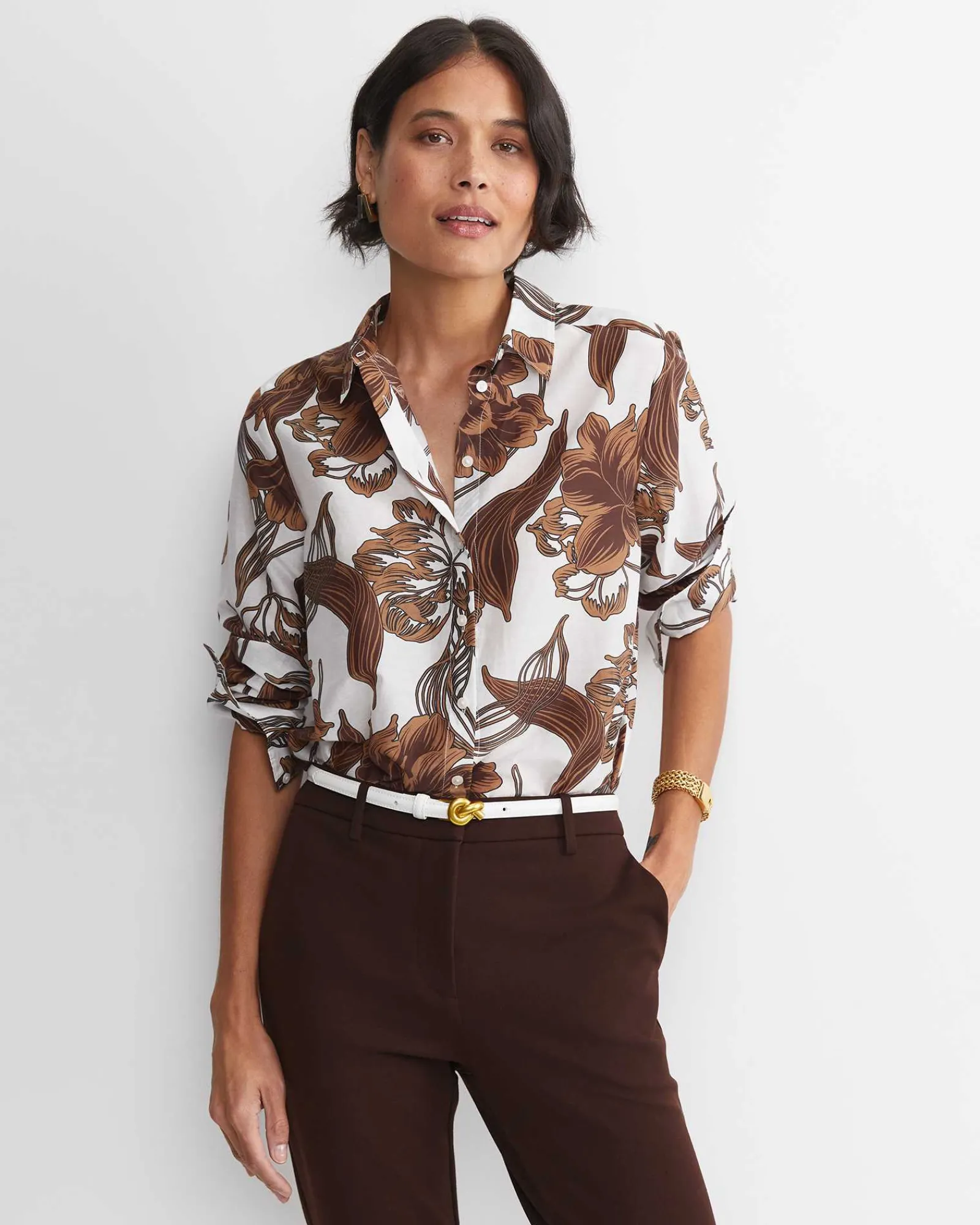 Outlet Sportscraft Zinnia Cotton Silk Shirt in Ivorybrown Ivory/brown
